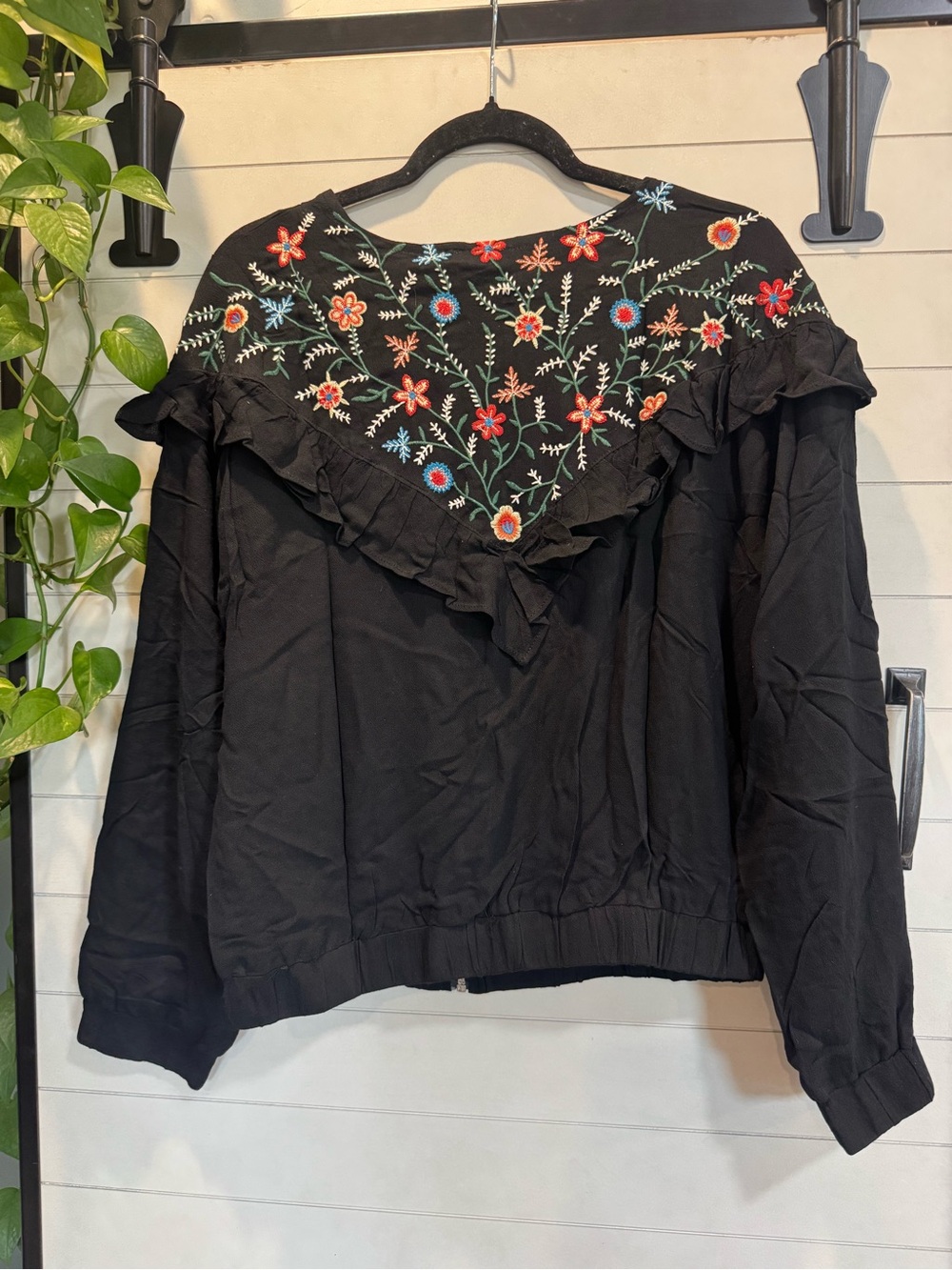 Umgee Black Embroidered Ruffle Zip Bomber Jacket - Picture 2 of 4